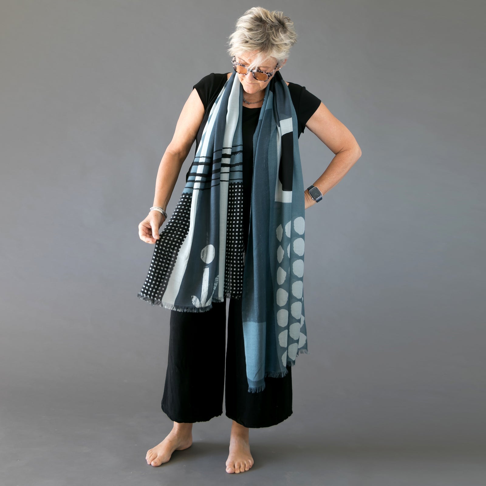 100% merino wool scarf called Banjo Quinn handprinted with an abstract design by PilgrimWaters printed in Nepal