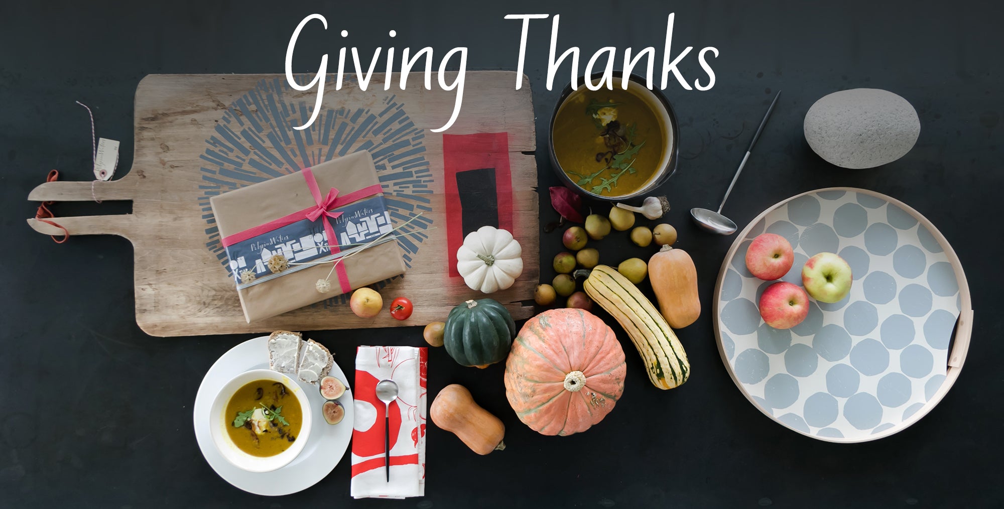 Thanksgiving tabletop goods and food on table