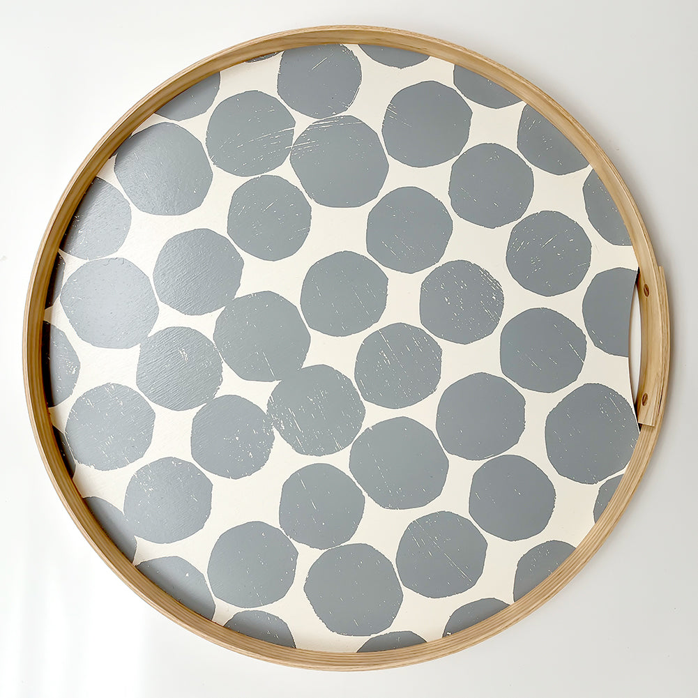 Gray 18 inch round tray from above