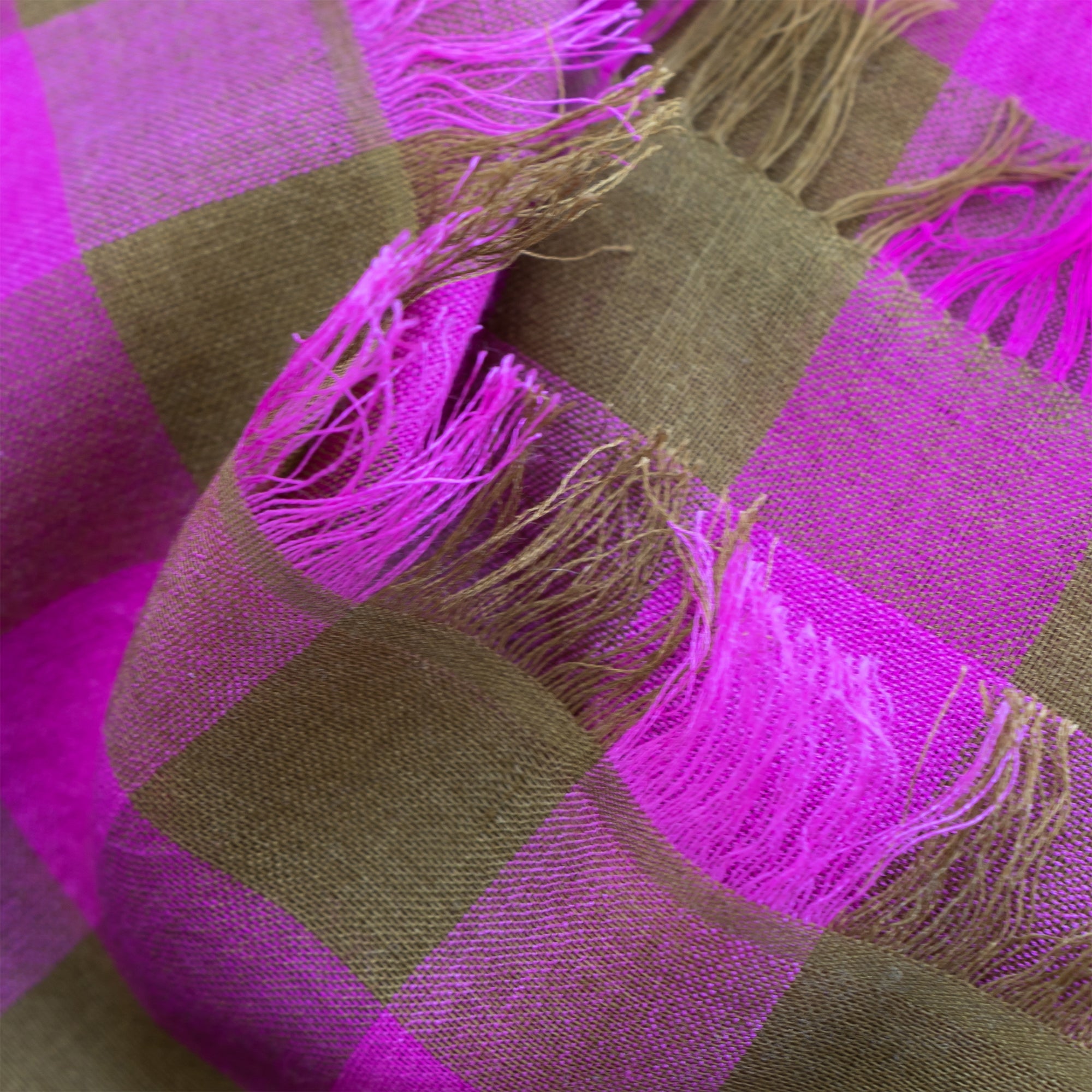 Felix, a gingham cotton silk scarf with fringe, close-up