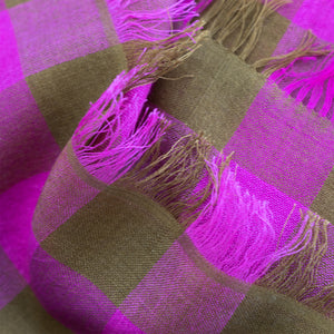 Felix, a gingham cotton silk scarf with fringe, close-up