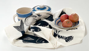 Seafood tea towel a PilgrimWaters design with a medley of fish made in the USA 