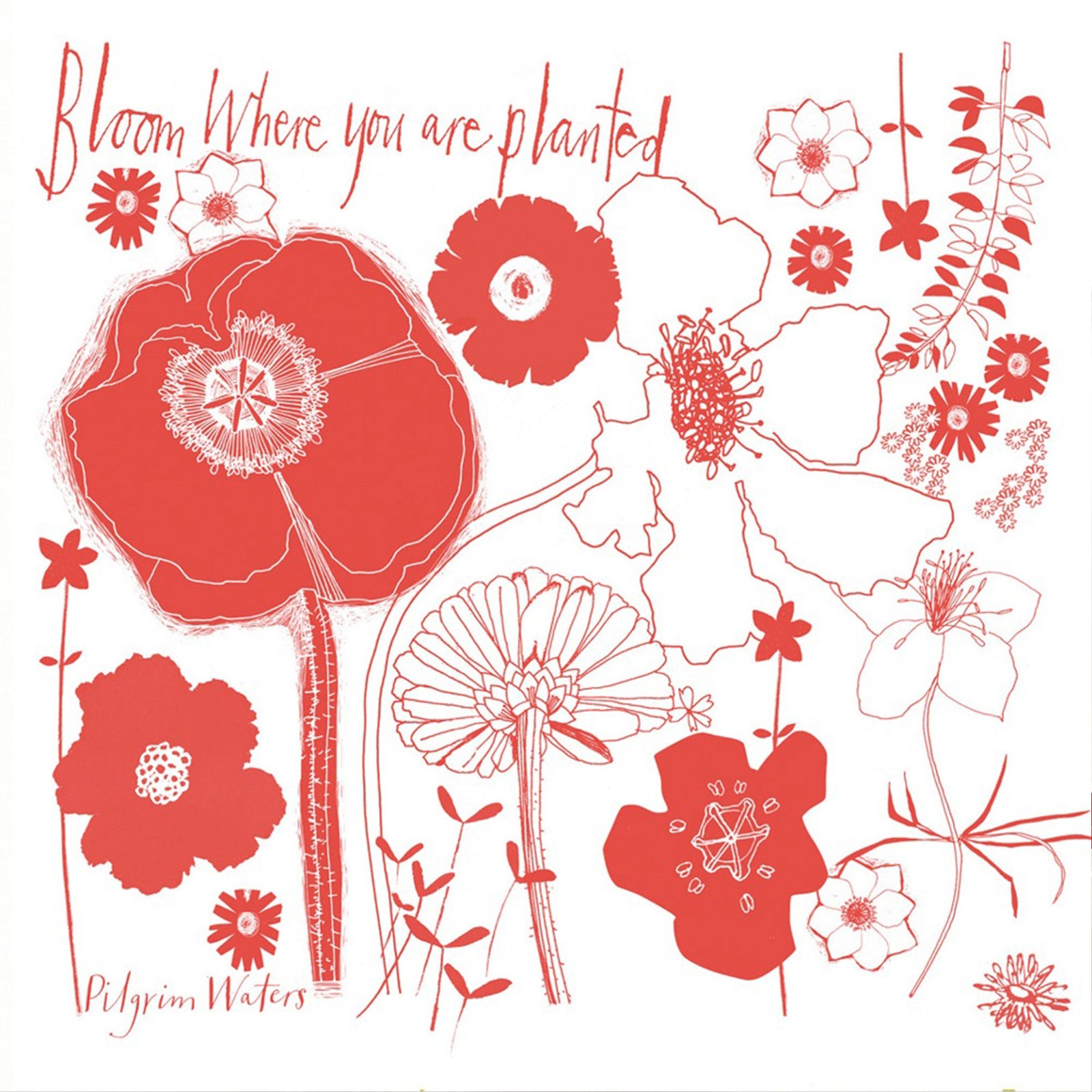 Bloom tea towel by Susy Pilgrim Waters with plant on table top. Copyright PilgrimWaters 2026.