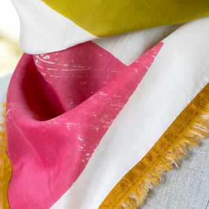 Cotton Silk Mini scarf printed with Archie Sari design and edged with Harvest. Close-up of edge and printing.