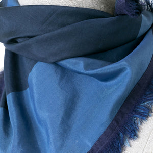 Cotton silk close-up of Mini scarf printed with PilgrimWaters Archie Trade design tied on a mannequin.