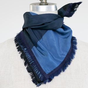 Cotton Silk square Mini scarf neatly tied on a mannequin, designed by PilgrimWaters. Copyright 2026 Susy PilgrimWaters.