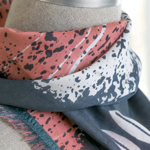 Cotton Silk Mini square scarf close-up of Cups Denim tied on mannequin design by PilgrimWaters, showing denim frayed edges.