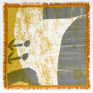 Cotton Silk Mini Square scarf printed with Cups design by PilgrimWaters, with eyelash Mustard Harvest eyelash and upcycled frayed edges. Copyright 2026 Susy Pilgrim Waters.