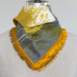 Cotton Silk neckerchief Cups Mustard design by PilgrimWaters with  Harvest eyelash frayed edges on all edges, tied on a mannequin.