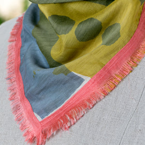 Cotton Silk Mini square scarf, close-up, printed with PilgrimWaters Dash design and edged with upcycled Ember Glow eyelash edges.
