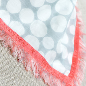 Cotton Silk Mini Square bandana close-up with Domino Sky design and Ember sari edges.