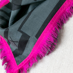 Cotton Silk Scout Inky designed neckerchief closeup of the fuchsia eyelash recycled sari edge.