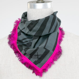 Cotton Silk Scout Inky design with fuchsia eyelash edges tied on a mannequin. 
