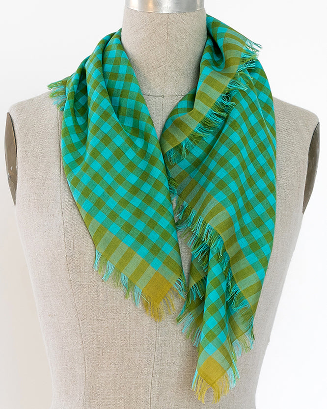 Wool / Silk neckerchief gingham scarf. Unique color and pattern made in Nepal.