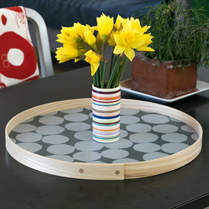 Handmade 18" round tray, gray on dark gray, hand printed and made by PilgrimWaters in Gloucester, MA, USA