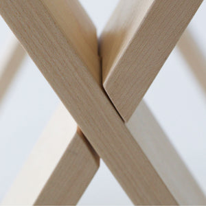 Close-up of the maple interlocking legs of the large tray stand. Note: sloppy joints.