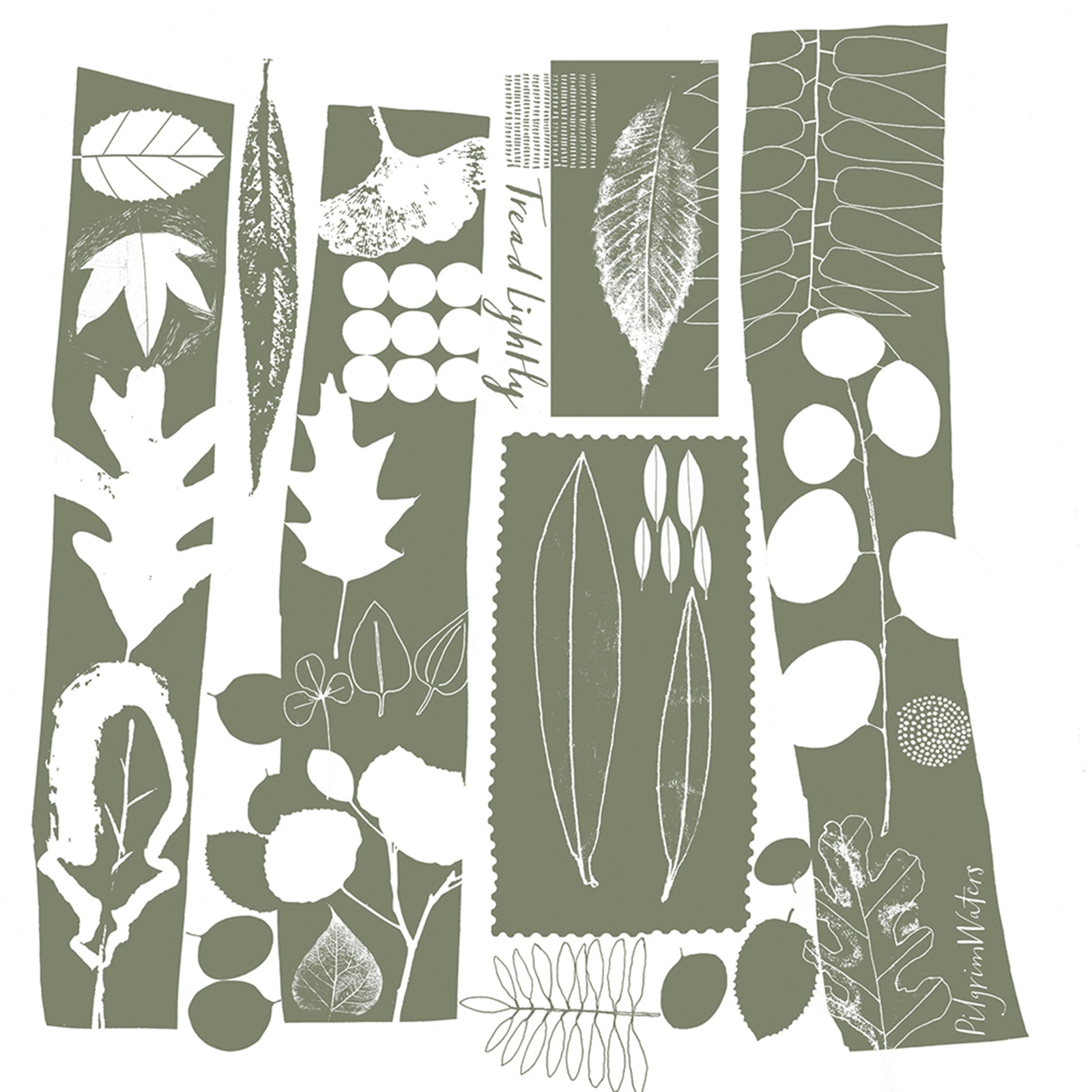 Leaves tea towel by PilgrimWaters — overhead lifestyle shot with plant leaves and a bowl on a dark tabletop