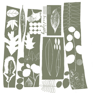 Original Leaves tea towel design by Susy Pilgrim Waters. Words: Tread Lightly". Copyright Susy Pilgrim Waters 2026.