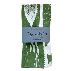 Leaves tea towel folded and packaged with PilgrimWaters kraft band — artist-made, handprinted in the USA, 100% cotton flour sack.