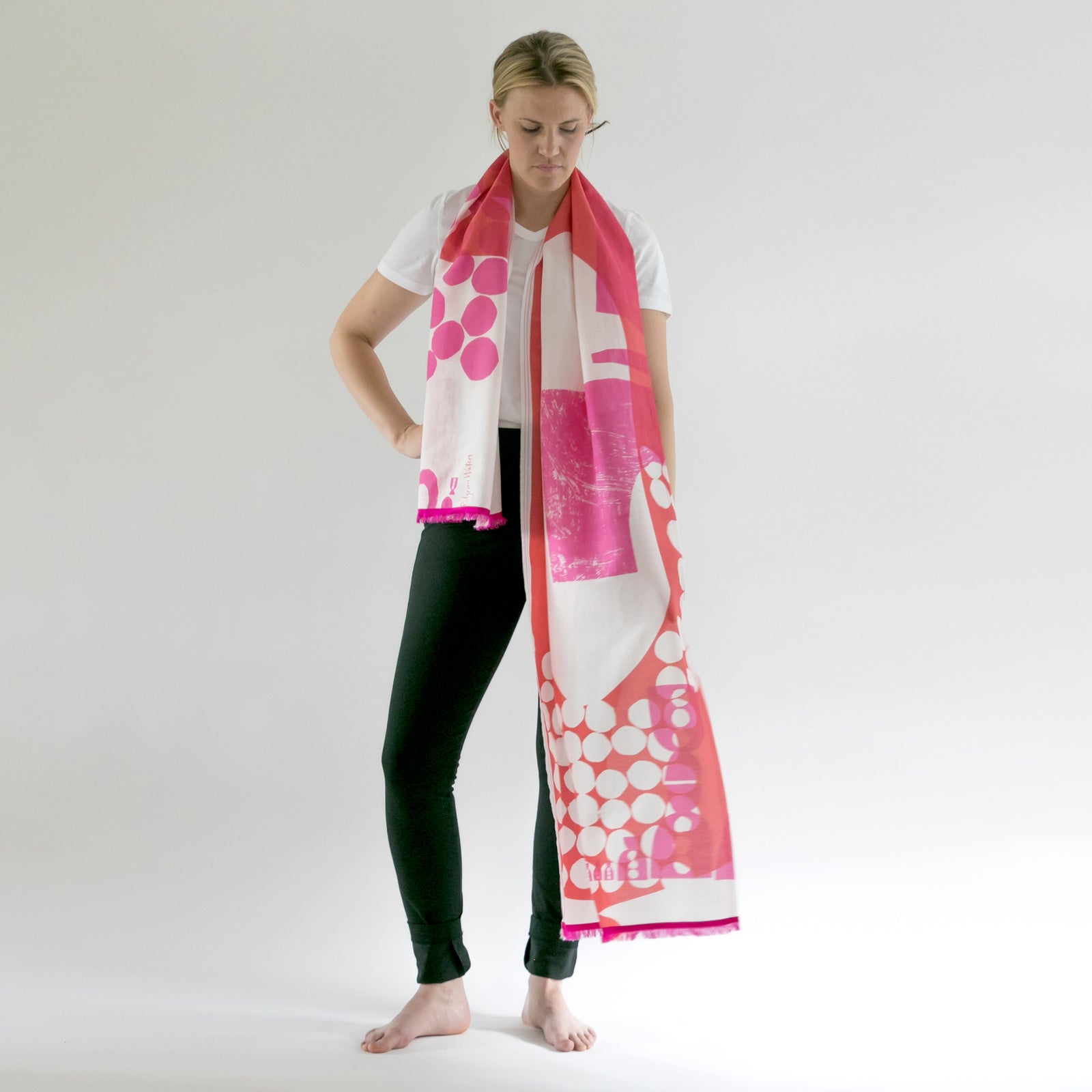 Cotton/Silk Heron large scarf with sari Check edge draped on a model.