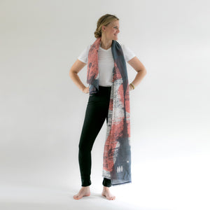 Cups Cotton/Silk long scarf with Indigo sari edge draped on a model.