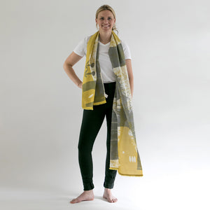 Cups Cotton/Silk long scarf with Mustard recycled sari edge draped on a model.
