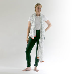 Domino Cotton/Silk long scarf with Gingerish sari short edge draped on a model.