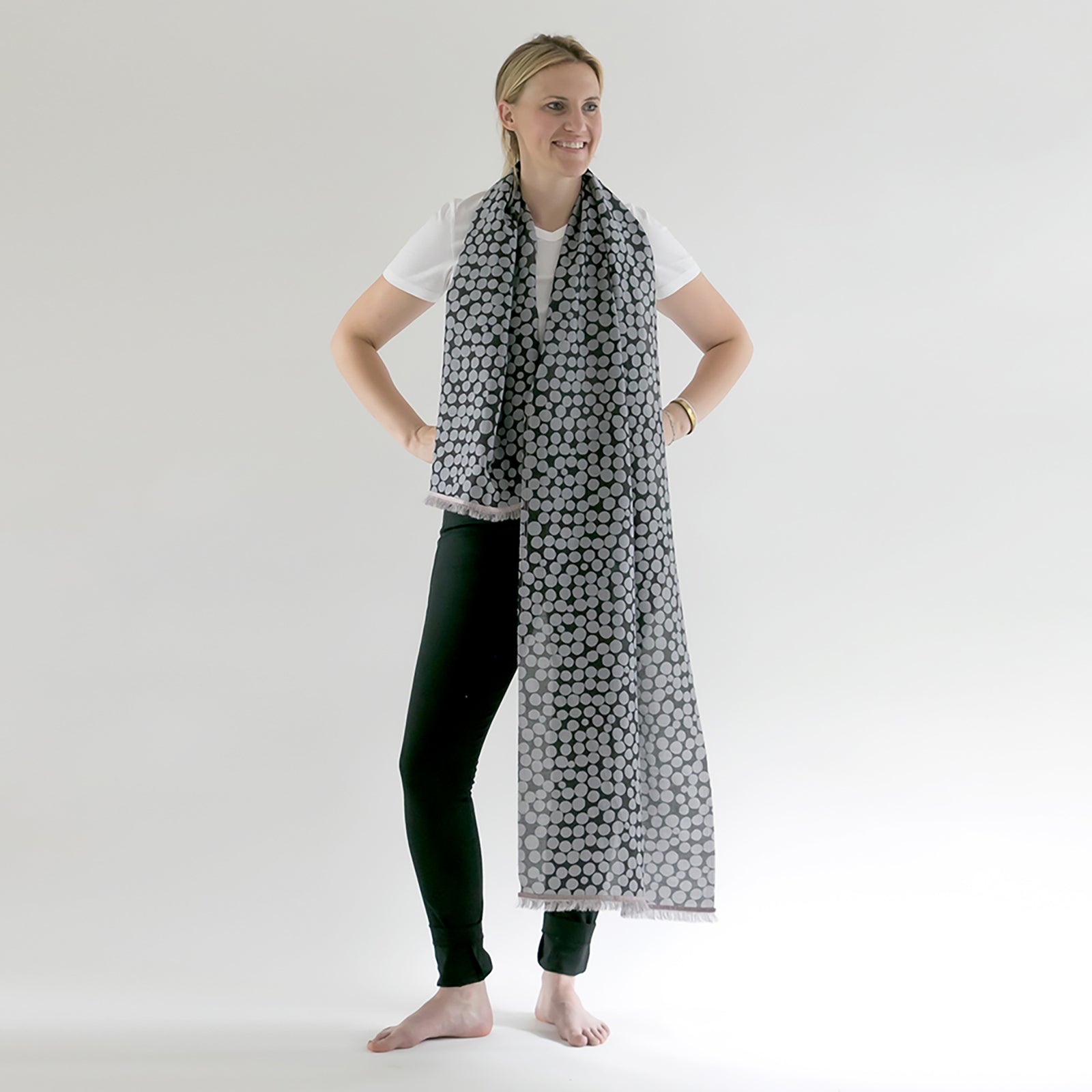 Cotton/Silk Heron large scarf with sari Check edge draped on a model.