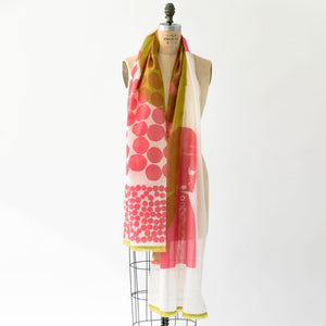 Cotton/Silk Sari Curry long scarf with sari short edge draped on a mannequin.