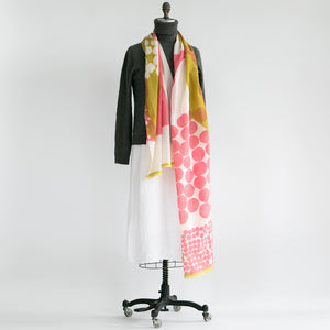 Sari curry cotton silk midi scarf with curry sari edge draped on a mannequin.