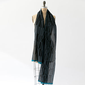 Cotton/Silk long scarf with Scout Azure sari edge draped on a mannequin.