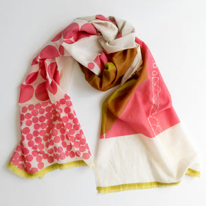 Cotton/Silk large scarf Archie design with Mustard sari short edge styled in a knot.