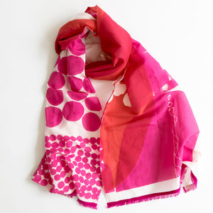 Cotton/Silk long scarf Archie with sari Fuschia short edge styled in a knot.