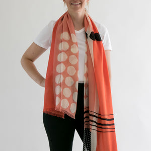 Banjo Berry large merino wool scarf designed by PilgrimWaters draped on model. Handprinted in Nepal.