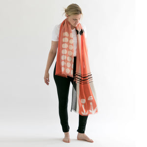 Banjo Berry merino large merino wool scarf draped on model, a colorful abstract design handprinted for Nepal for PilgrimWaters.