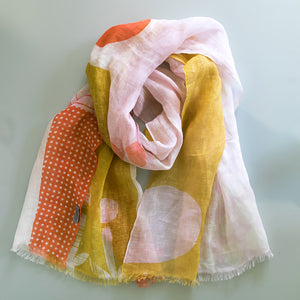 Cotton Linen Banjo Coral scarf curled for display and styling.