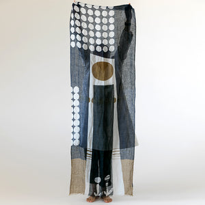 Cotton Linen Banjo Harbor scarf held up, showing the large handprinted abstract design.