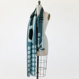 Banjo Quinn large merino wool scarf on mannequin, an abstract print handprinted in Nepal for PilgrimWaters.
