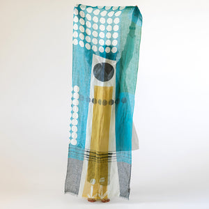 Cotton Linen Banjo Sea scarf held vertically, displaying the large single abstract placement print design.