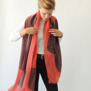 Boulder Blush Merino Wool scarf colorway by PilgrimWaters — bold rock and boulder shapes styled on model.