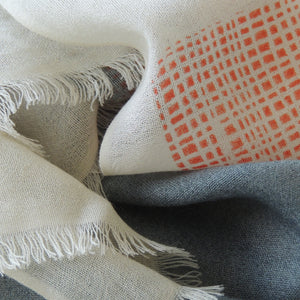 Boulder Cloud Merino Wool PilgrimWaters close up, showing the printing, material and eyelash fringe.