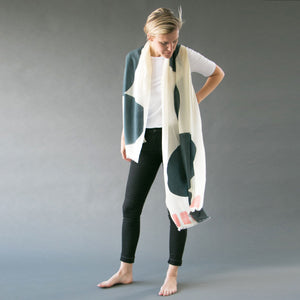 Boulder Cloud Merino Wool scarf by PilgrimWaters draped on a model.