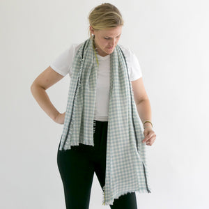 100% cashmere Horizon scarf worn on a model.
