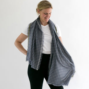 100% cashmere Vapor scarf worn on a model.