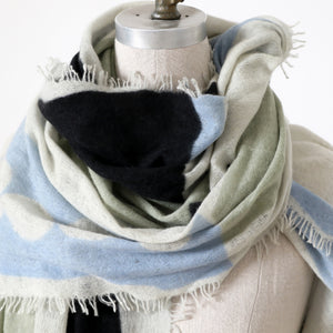 Cashmere large knitted scarf printed in Nepal with a PilgrimWaters George Totem design. A closeup wrapped on a mannequin. 
