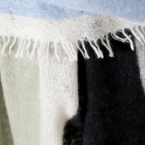 Close-up of a Totem George 100% cashmere scarf with fringes. Designed by PilgrimWaters printed in Nepal. Copyright 2026 Susy Pilgrim Waters.