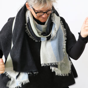 100% Cashmere knitted Totem George large handprinted scarf styled by Susy Pilgrim Waters.