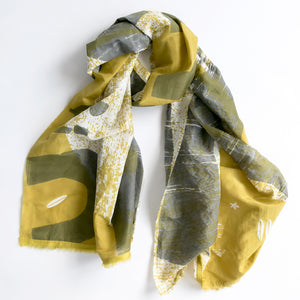 Cotton/Silk long scarf with Cups Mustard design and Mustard sari short edge styled in a knot.