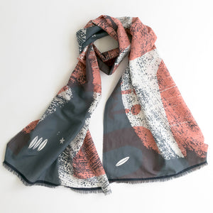 Cotton/Silk long scarf Cups design with Indigo sari short edge styled in a knot.