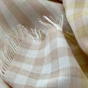 Littles Esme gingham merino wool silk neckerchief illustrating the soft fringe — © 2026 PilgrimWaters.